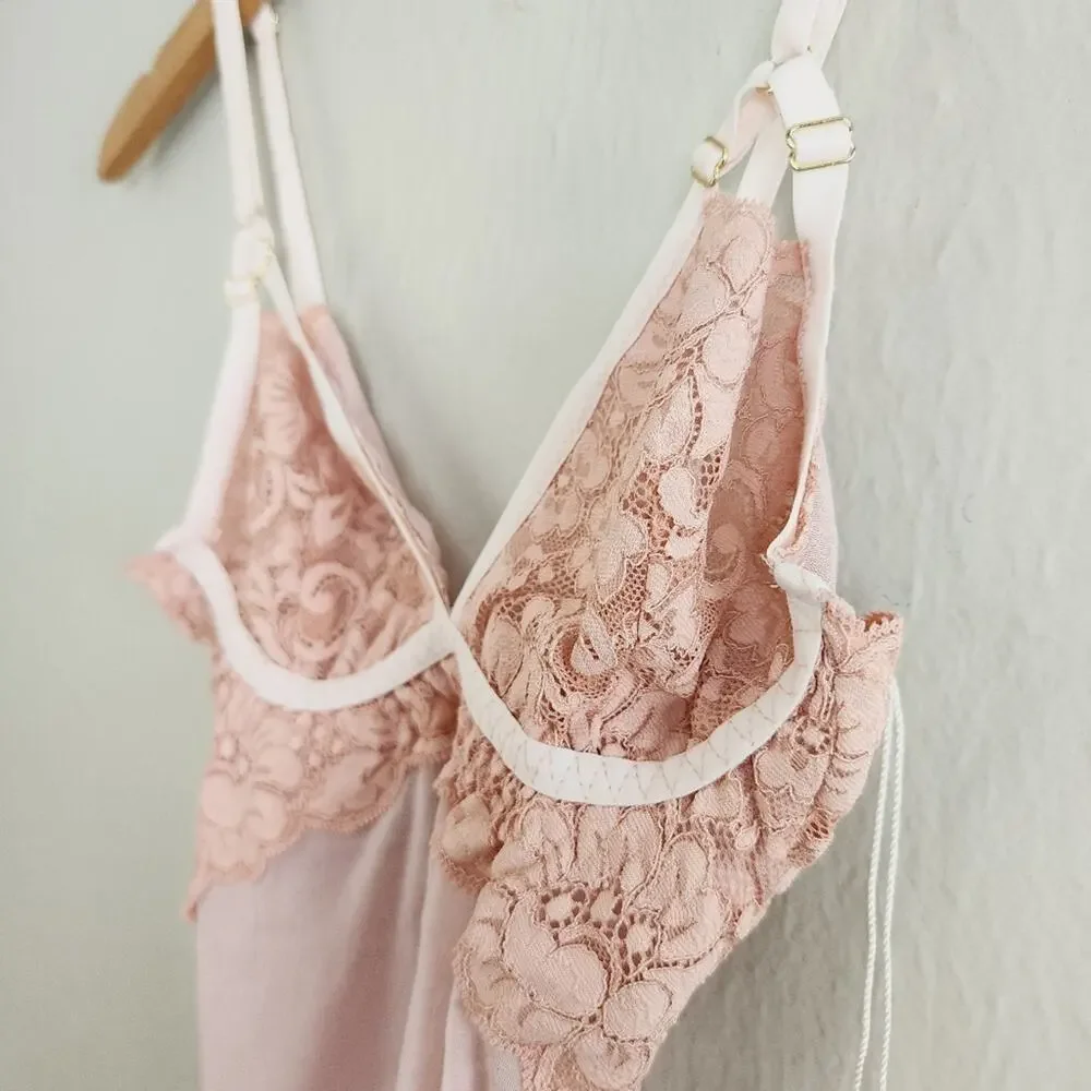 NWT We Are Hah x Free People Bust Out Lace Mesh Bodysuit Sheer Pink Floral XS